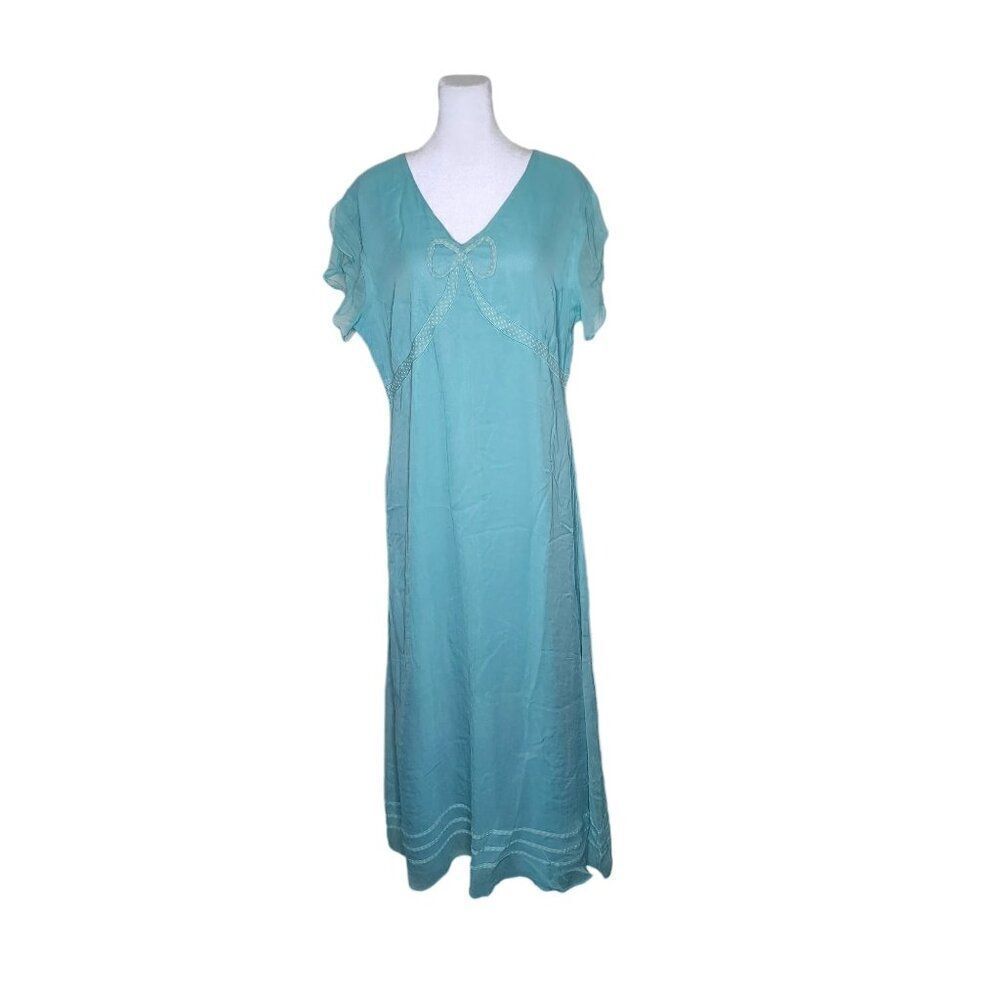 Wednesdays Child Retro Cap Sleeve Bow Embroidered Maxi Dress Womens Size L Blue